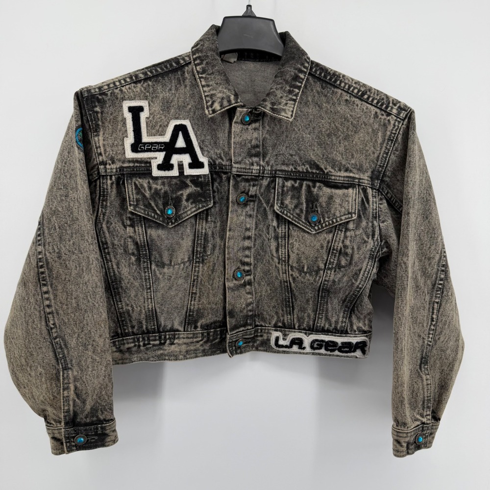 LA Gear Denim Jacket Womens Small Gray Acid Wash Cropped Vintage 80s 90s Patch